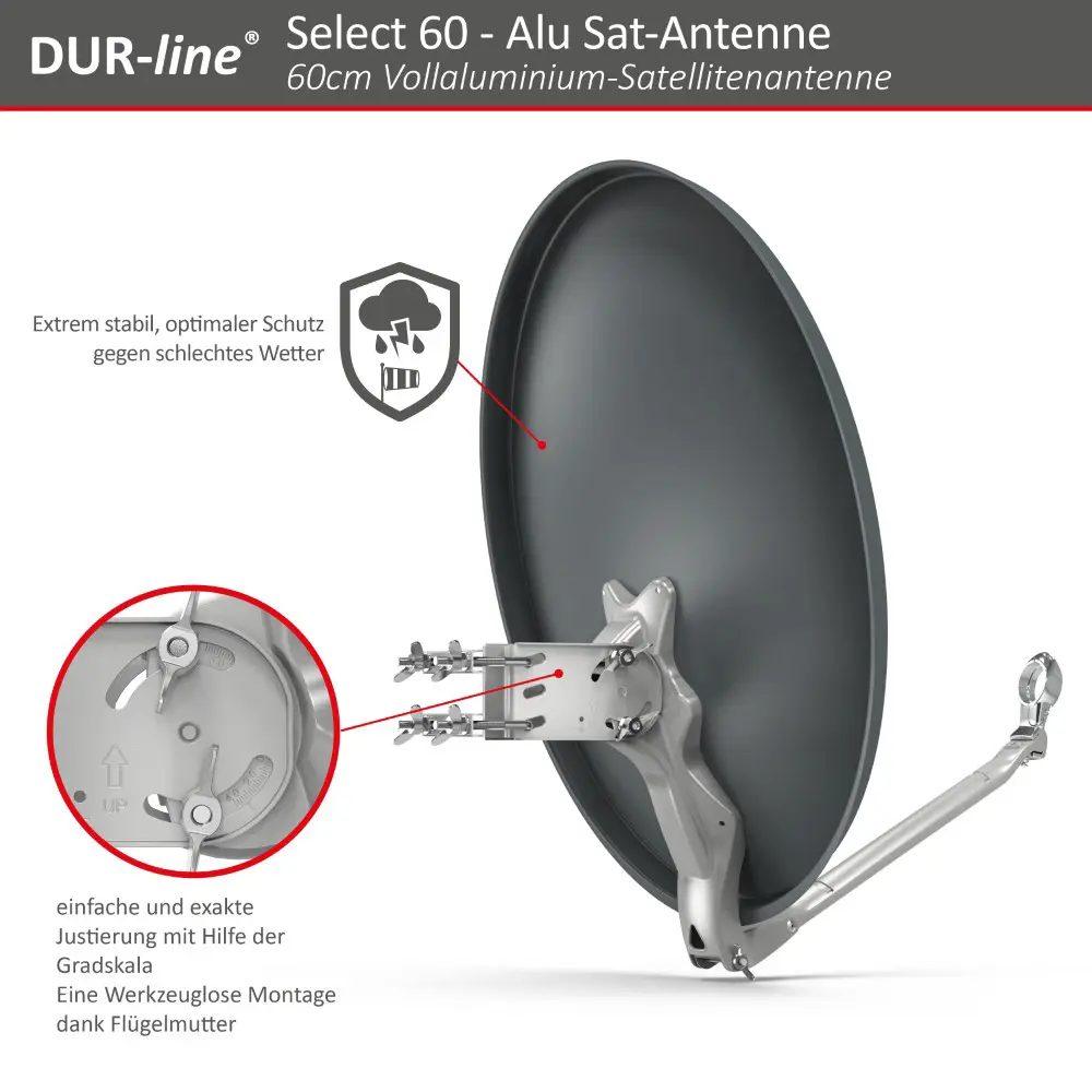 DUR-line Select 2 Teilnehmer Set - Qualitäts-Alu-Satelliten-Komplettanlage - Select 60cm/65cm Spiegel/Schüssel Anthrazit + Twin LNB - für 2 Receiver/TV DUR-line Select 2 Teilnehmer Set - Qualitäts-Alu-Satelliten-Komplettanlage - Select 60cm/65cm Spiegel/Schüssel Anthrazit + Twin LNB - für 2 Receiver/TV