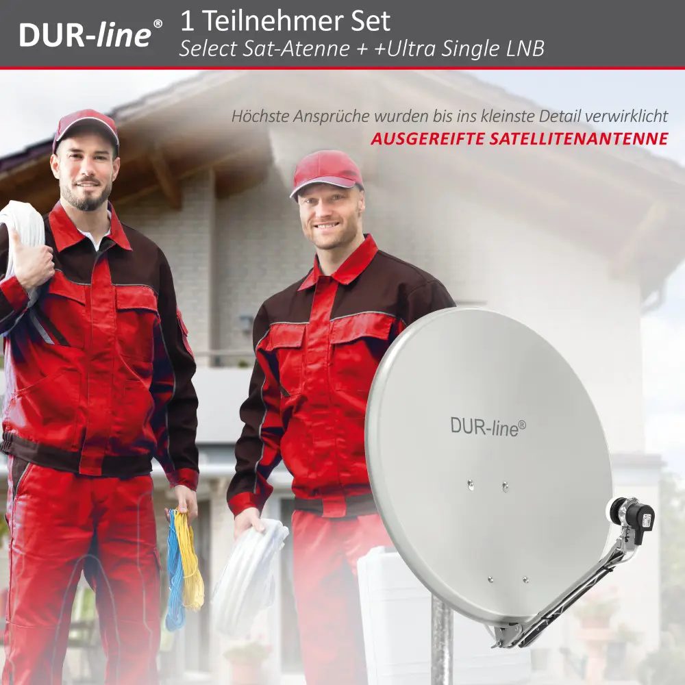 DUR-line Select 1 Teilnehmer Set - Qualitäts-Alu-Satelliten-Komplettanlage - Select 60cm/65cm Spiegel/Schüssel Hellgrau + Single LNB - für 1 Receiver/TV
