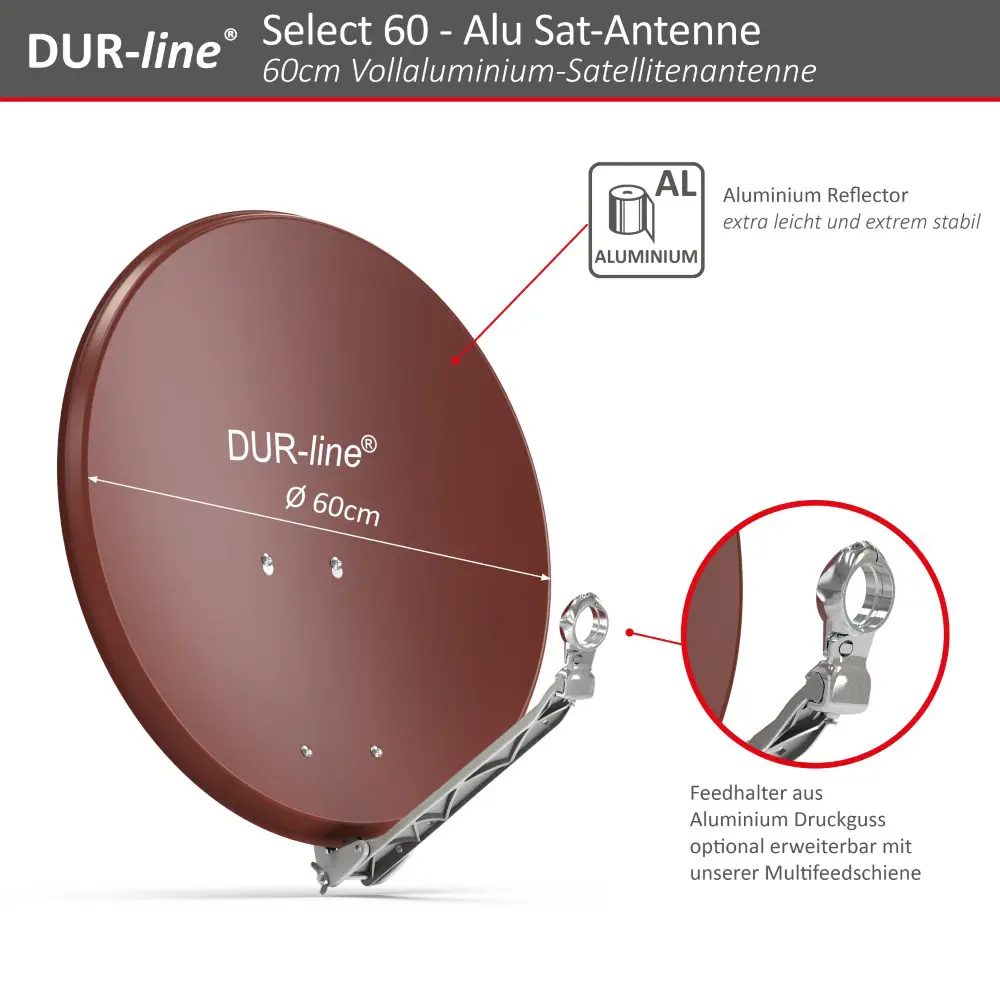 DUR-line Select 2 Teilnehmer Set - Qualitäts-Alu-Satelliten-Komplettanlage - Select 60cm/65cm Spiegel/Schüssel Rot + Twin LNB - für 2 Receiver/TV 