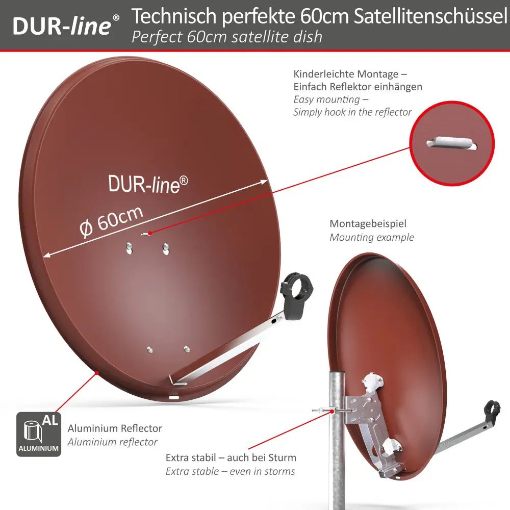 DUR-line MDA 60 Rot - Digiatale 4 Teilnehmer Satellitenschüssel Komplett-Anlage mit +Ultra Quad - LNB 