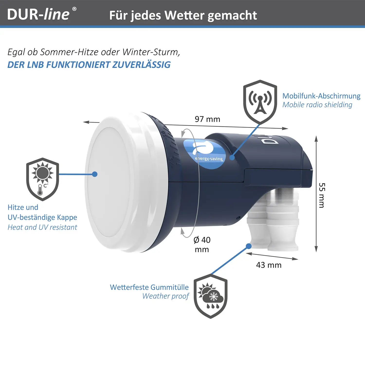 DUR-line Blue ECO Twin LNB – Wetterschutz und Abmessungen DUR-line Blue ECO Twin