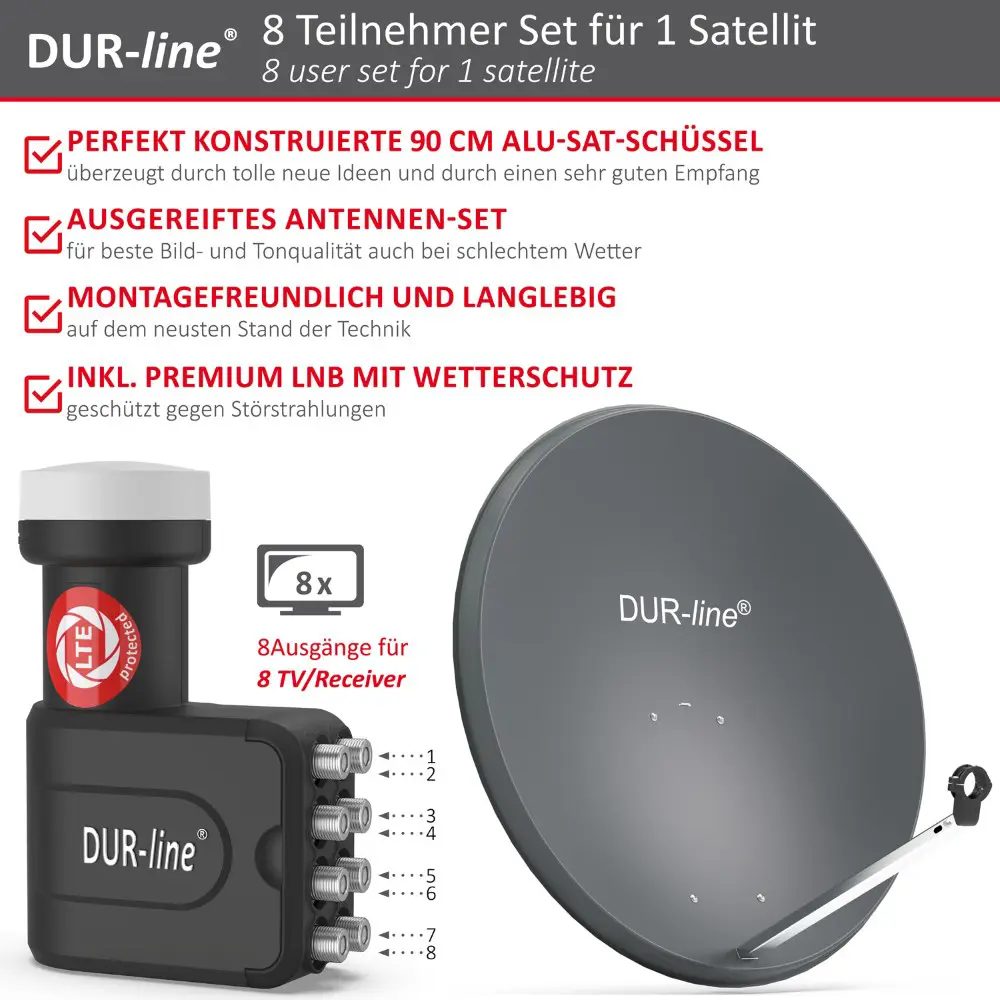 DUR-line MDA 90 Anthrazit - Digiatale 8 Teilnehmer Satellitenschüssel Komplett-Anlage mit +Ultra Octo - LNB 