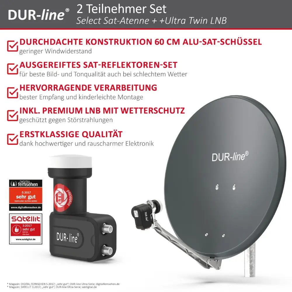 DUR-line Select 2 Teilnehmer Set - Qualitäts-Alu-Satelliten-Komplettanlage - Select 60cm/65cm Spiegel/Schüssel Anthrazit + Twin LNB - für 2 Receiver/TV DUR-line Select 2 Teilnehmer Set - Qualitäts-Alu-Satelliten-Komplettanlage - Select 60cm/65cm Spiegel/Schüssel Anthrazit + Twin LNB - für 2 Receiver/TV