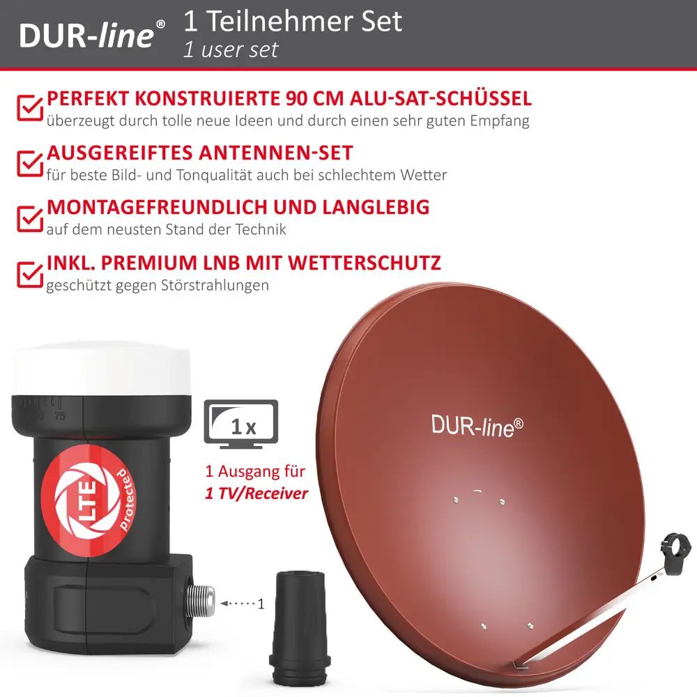 DUR-line MDA 90 Rot - Digiatale 1 Teilnehmer Satellitenschüssel Komplett-Anlage mit +Ultra Single - LNB DUR-line MDA 90 Rot - Digiatale 1 Teilnehmer Satellitenschüssel Komplett-Anlage mit +Ultra Single - LNB