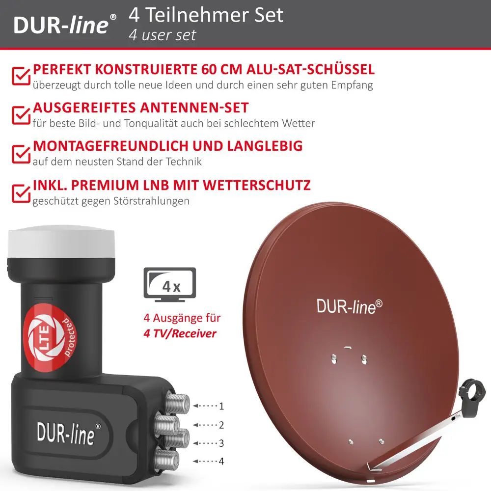 DUR-line MDA 60 Rot - Digiatale 4 Teilnehmer Satellitenschüssel Komplett-Anlage mit +Ultra Quad - LNB DUR-line MDA 60 Rot - Digiatale 4 Teilnehmer Satellitenschüssel Komplett-Anlage mit +Ultra Quad - LNB