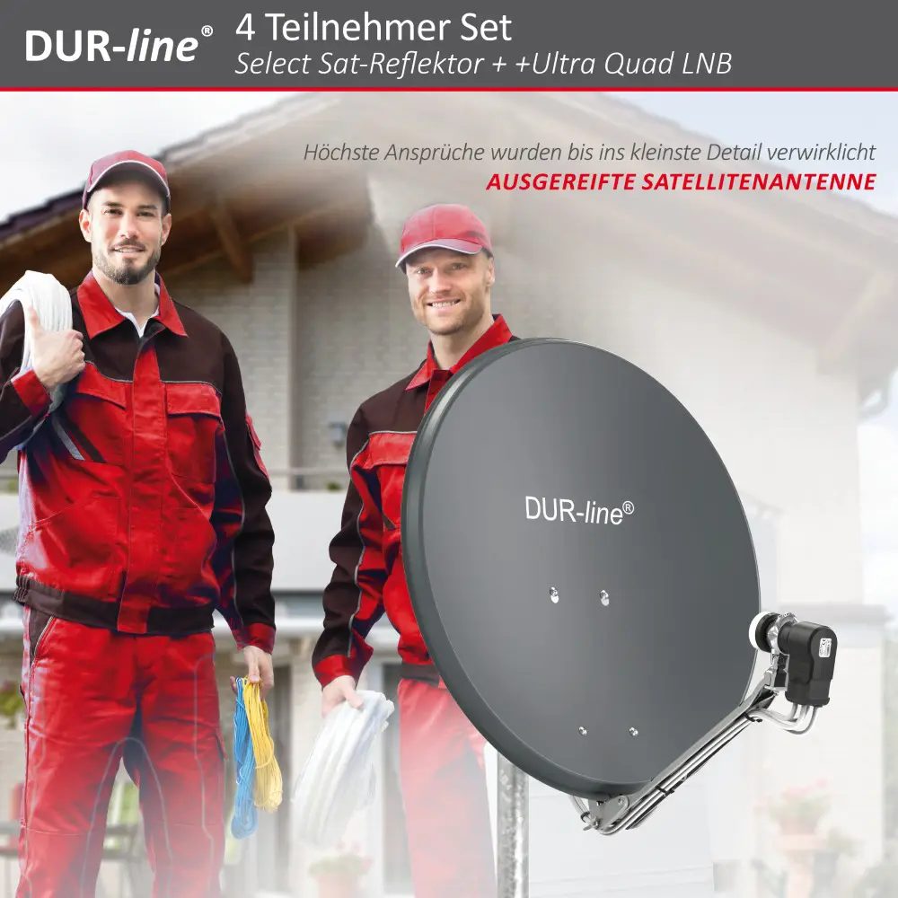 DUR-line Select 4 Teilnehmer Set - Qualitäts-Alu-Satelliten-Komplettanlage - Select 60cm/65cm Spiegel/Schüssel Anthrazit + Quad LNB - für 4 Receiver/TV DUR-line Select 4 Teilnehmer Set - Qualitäts-Alu-Satelliten-Komplettanlage - Select 60cm/65cm Spiegel/Schüssel Anthrazit + Quad LNB - für 4 Receiver/TV