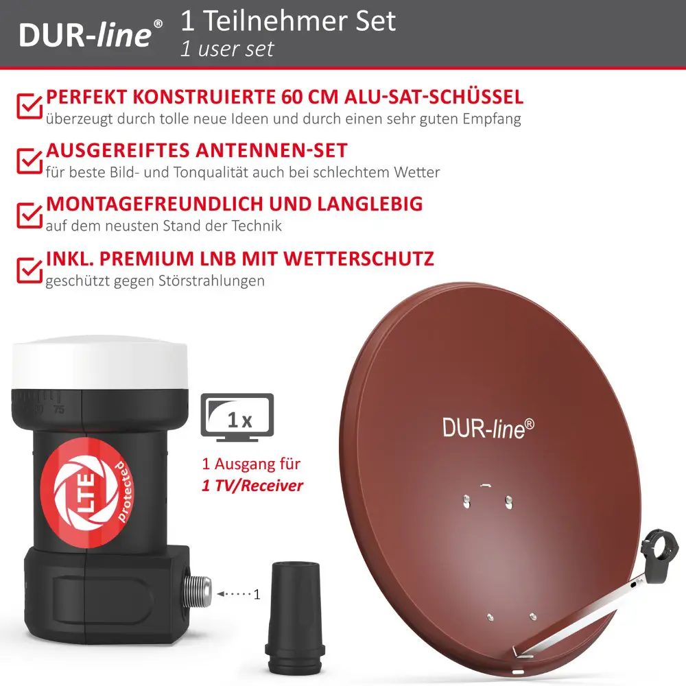 DUR-line MDA 60 Rot - Digiatale 1 Teilnehmer Satellitenschüssel Komplett-Anlage mit +Ultra Single - LNB DUR-line MDA 60 Rot - Digiatale 1 Teilnehmer Satellitenschüssel Komplett-Anlage mit +Ultra Single - LNB