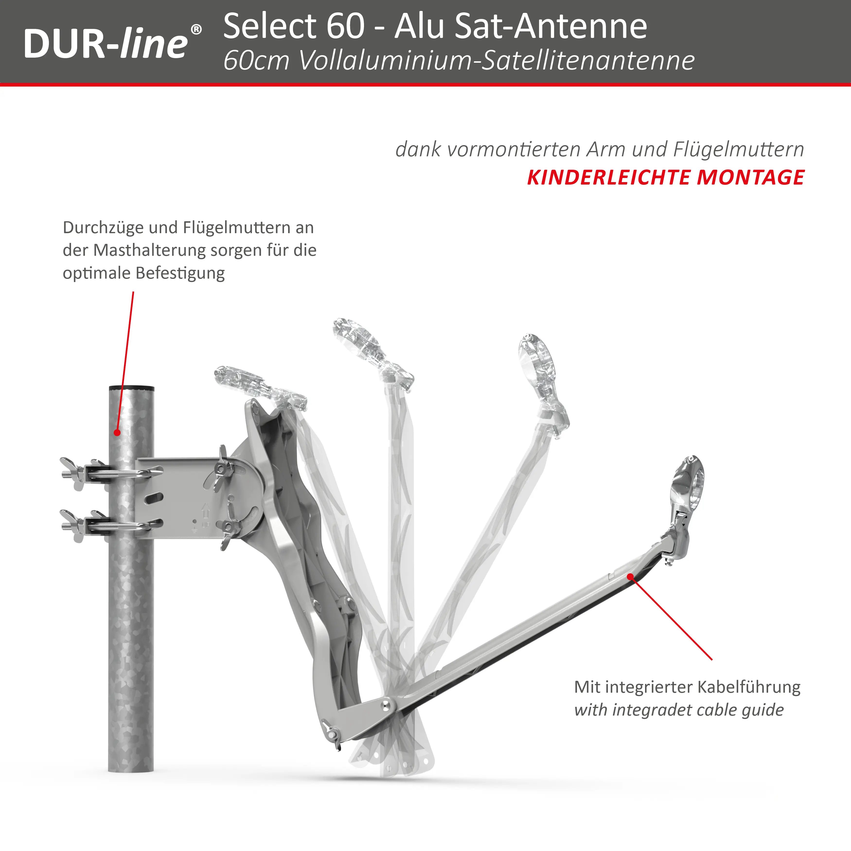 DUR-line Select 1 Teilnehmer Set - Qualitäts-Alu-Satelliten-Komplettanlage - Select 60cm/65cm Spiegel/Schüssel Rot + Single LNB - für 1 Receiver/TV