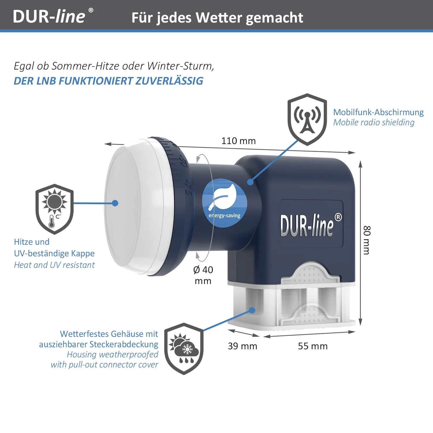 DUR-line Blue ECO Quad LNB – Wetterschutz und Abmessungen DUR-line Blue ECO Quad