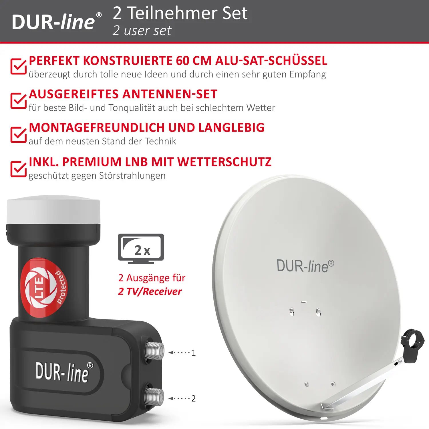 DUR-line MDA 60 Hellgrau - Digiatale 2 Teilnehmer Satellitenschüssel Komplett-Anlage mit +Ultra Twin - LNB DUR-line MDA 60 Hellgrau - Digiatale 2 Teilnehmer Satellitenschüssel Komplett-Anlage mit +Ultra Twin - LNB