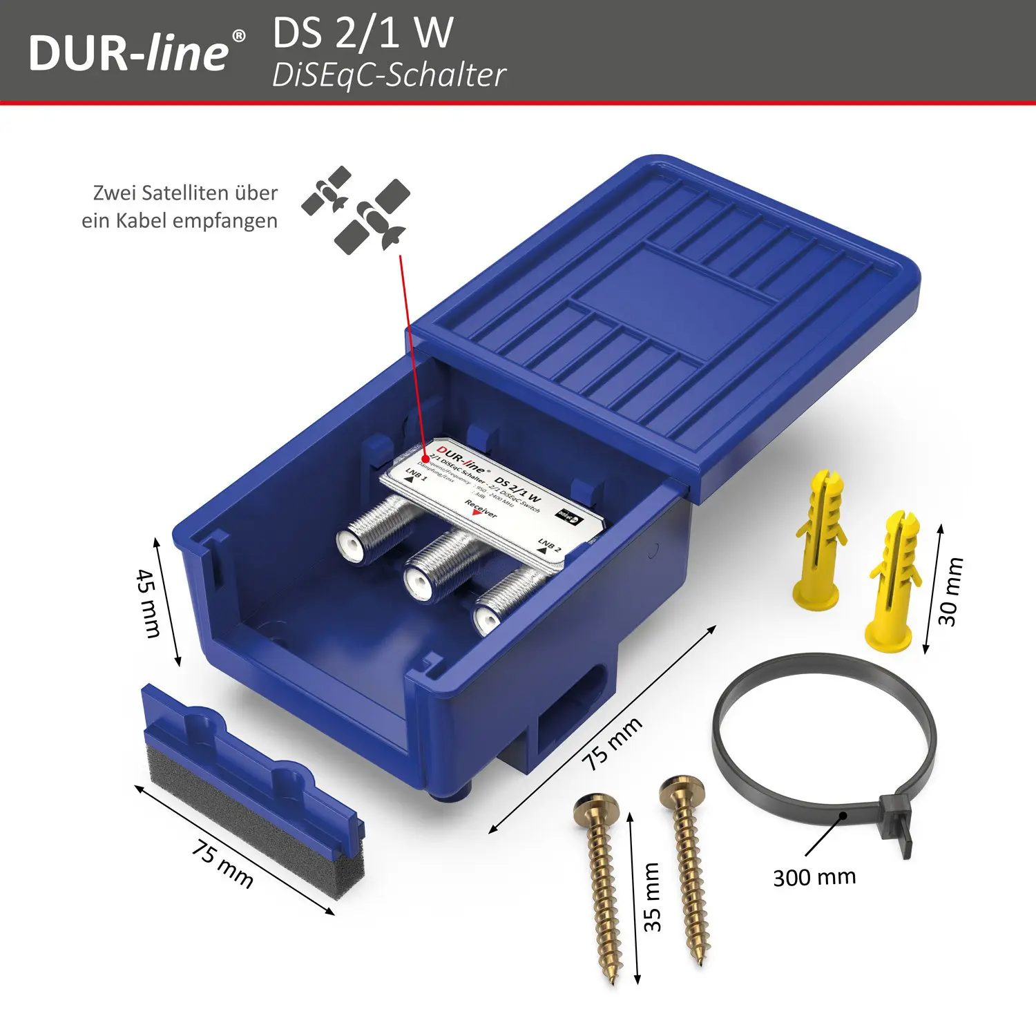 DUR-line DS 2/1 W DiSEqC-Schalter – Abmessungen und technische Zeichnung DUR-line DS 2/1 W - DiSEqC-Schalter