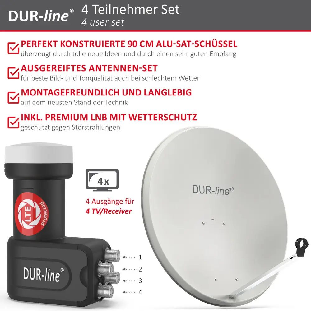 DUR-line MDA 90 Hellgrau - Digiatale 4 Teilnehmer Satellitenschüssel Komplett-Anlage mit +Ultra Quad - LNB 