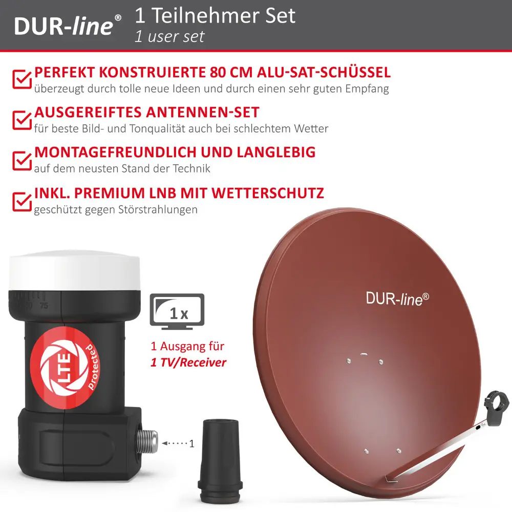 DUR-line MDA 80 Rot - Digiatale 1 Teilnehmer Satellitenschüssel Komplett-Anlage mit +Ultra Single - LNB