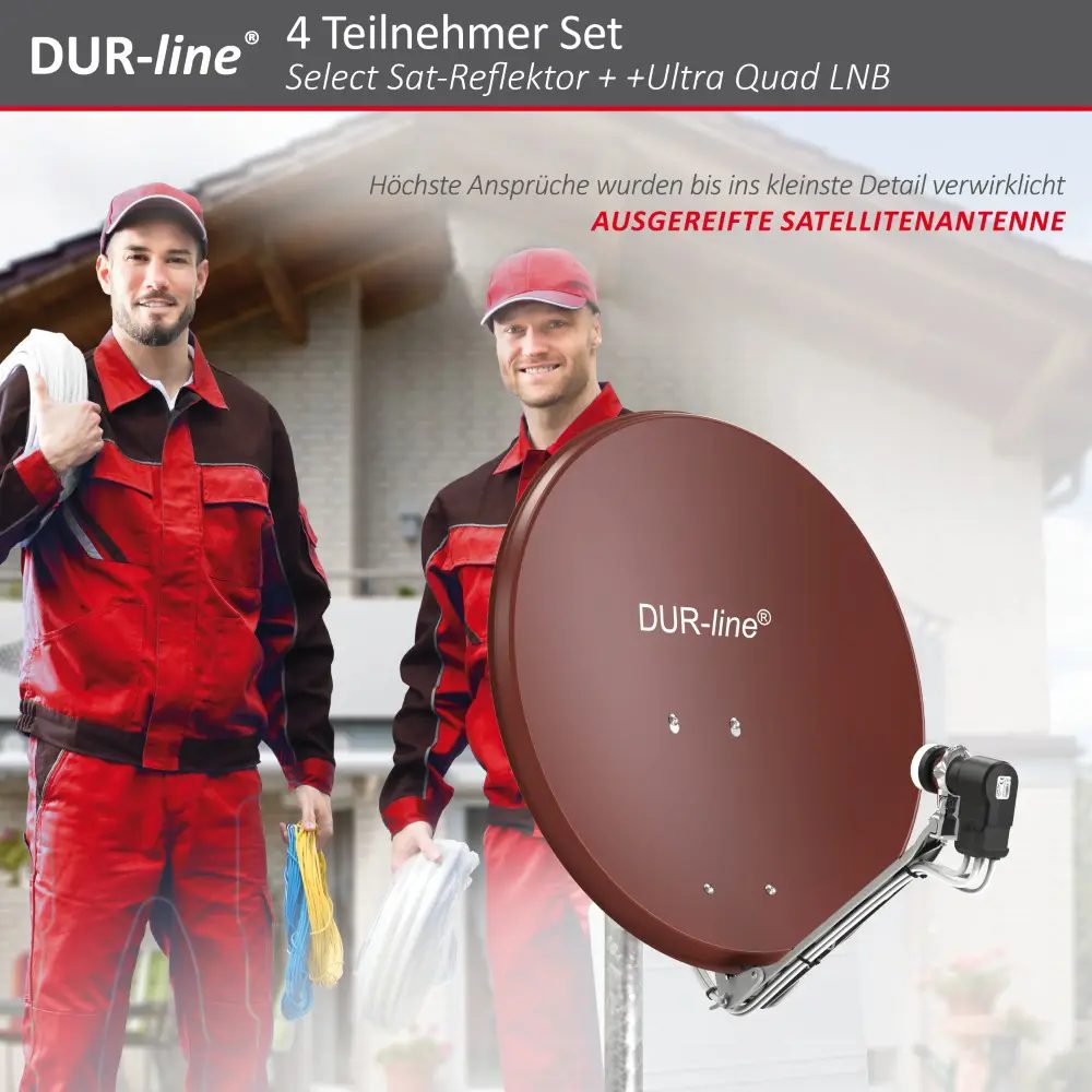 DUR-line Select 4 Teilnehmer Set - Qualitäts-Alu-Satelliten-Komplettanlage - Select 60cm/65cm Spiegel/Schüssel Rot + Quad LNB - für 4 Receiver/TV DUR-line Select 4 Teilnehmer Set - Qualitäts-Alu-Satelliten-Komplettanlage - Select 60cm/65cm Spiegel/Schüssel Rot + Quad LNB - für 4 Receiver/TV
