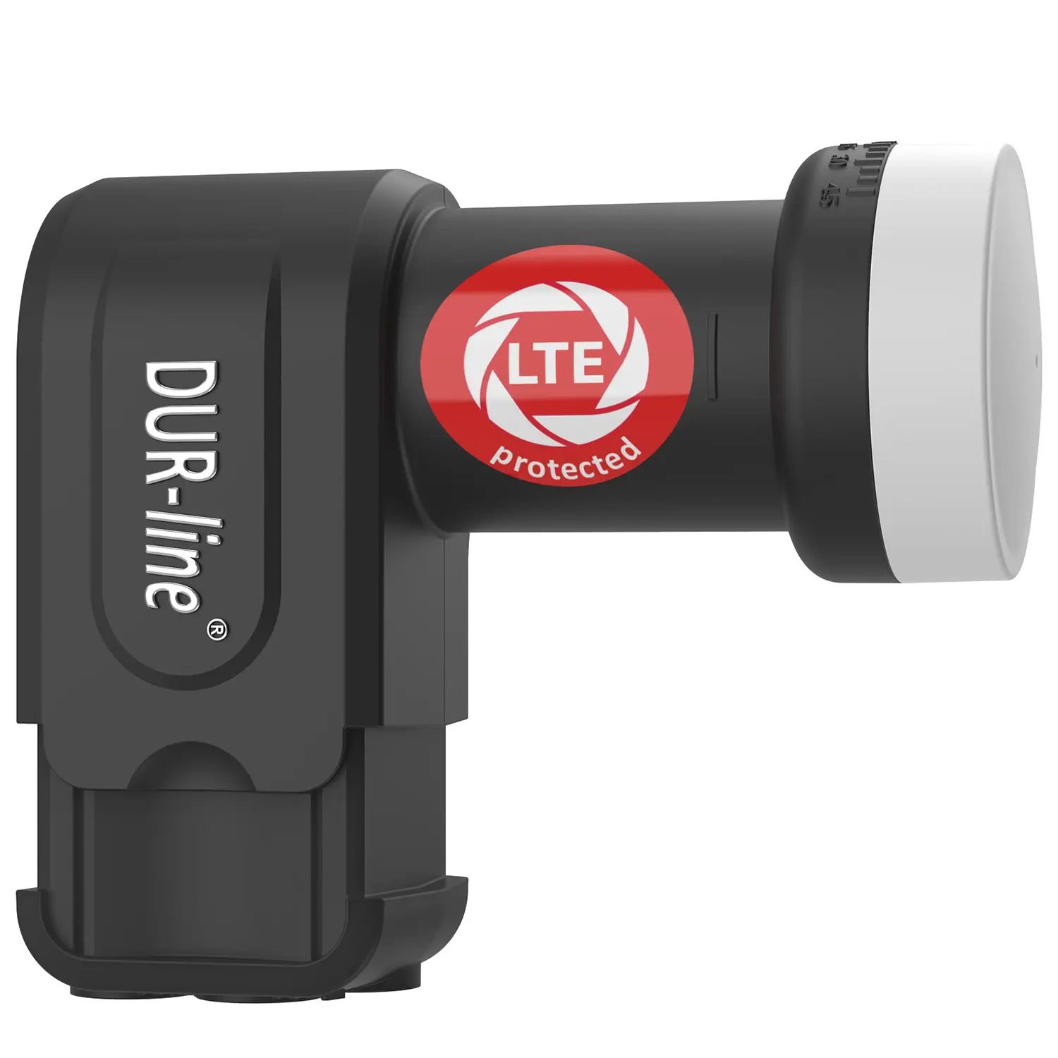 DUR-line +Ultra Quad LNB – Draufsicht perspektivisch mit Wetterschutz DUR-line +Ultra Quad LNB