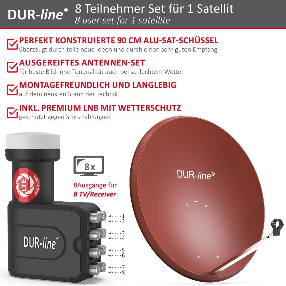 DUR-line MDA 90 Rot - Digiatale 8 Teilnehmer Satellitenschüssel Komplett-Anlage mit +Ultra Octo - LNB 