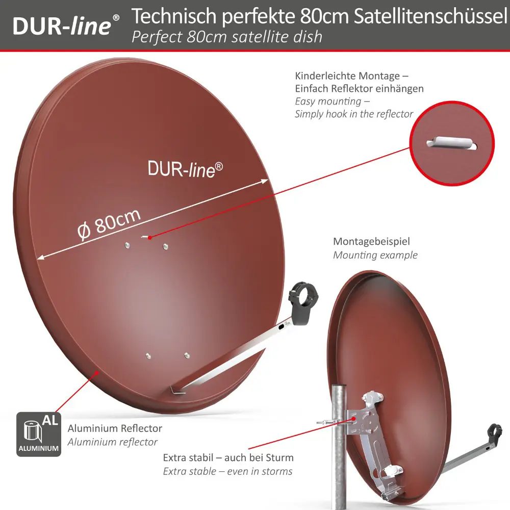 DUR-line MDA 80 Rot - Digiatale 4 Teilnehmer Satellitenschüssel Komplett-Anlage mit +Ultra Quad - LNB 