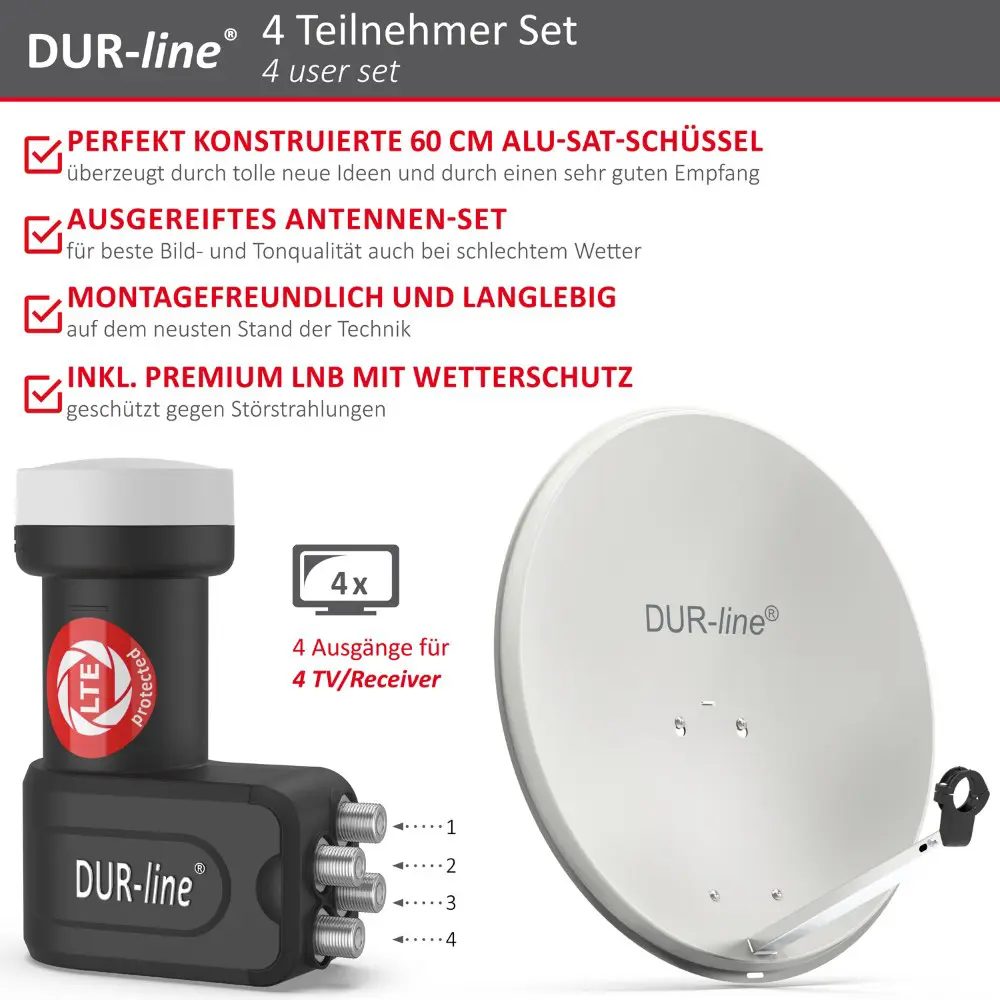 DUR-line MDA 60 Hellgrau - Digiatale 4 Teilnehmer Satellitenschüssel Komplett-Anlage mit +Ultra Quad - LNB DUR-line MDA 60 Hellgrau - Digiatale 4 Teilnehmer Satellitenschüssel Komplett-Anlage mit +Ultra Quad - LNB