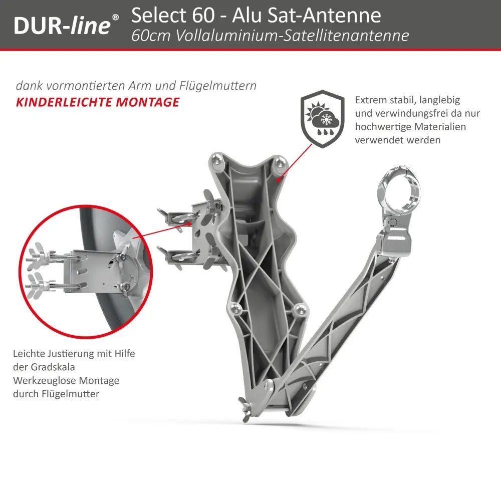 DUR-line Select 2 Teilnehmer Set - Qualitäts-Alu-Satelliten-Komplettanlage - Select 60cm/65cm Spiegel/Schüssel Anthrazit + Twin LNB - für 2 Receiver/TV 