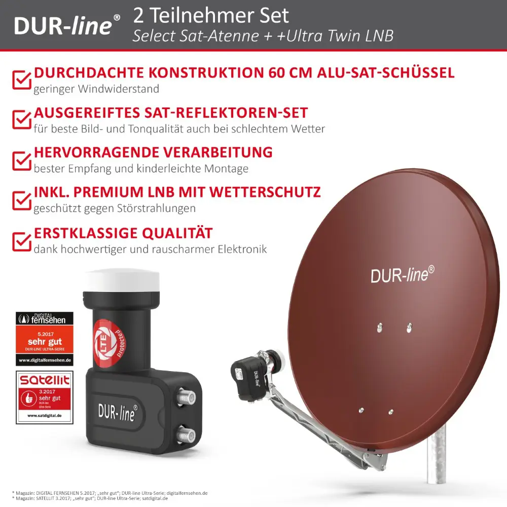DUR-line Select 2 Teilnehmer Set - Qualitäts-Alu-Satelliten-Komplettanlage - Select 60cm/65cm Spiegel/Schüssel Rot + Twin LNB - für 2 Receiver/TV 