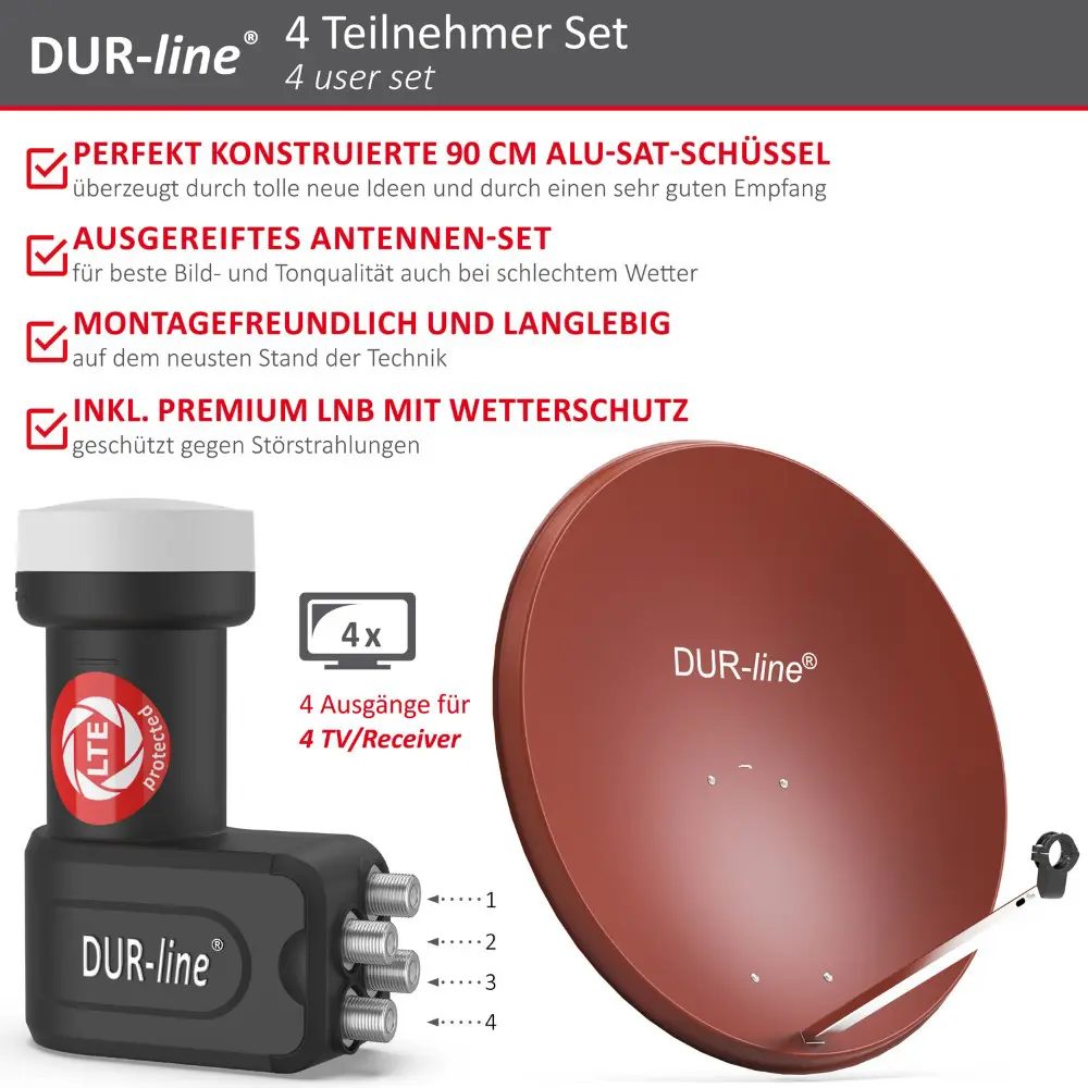 DUR-line MDA 90 Rot - Digiatale 4 Teilnehmer Satellitenschüssel Komplett-Anlage mit +Ultra Quad - LNB 