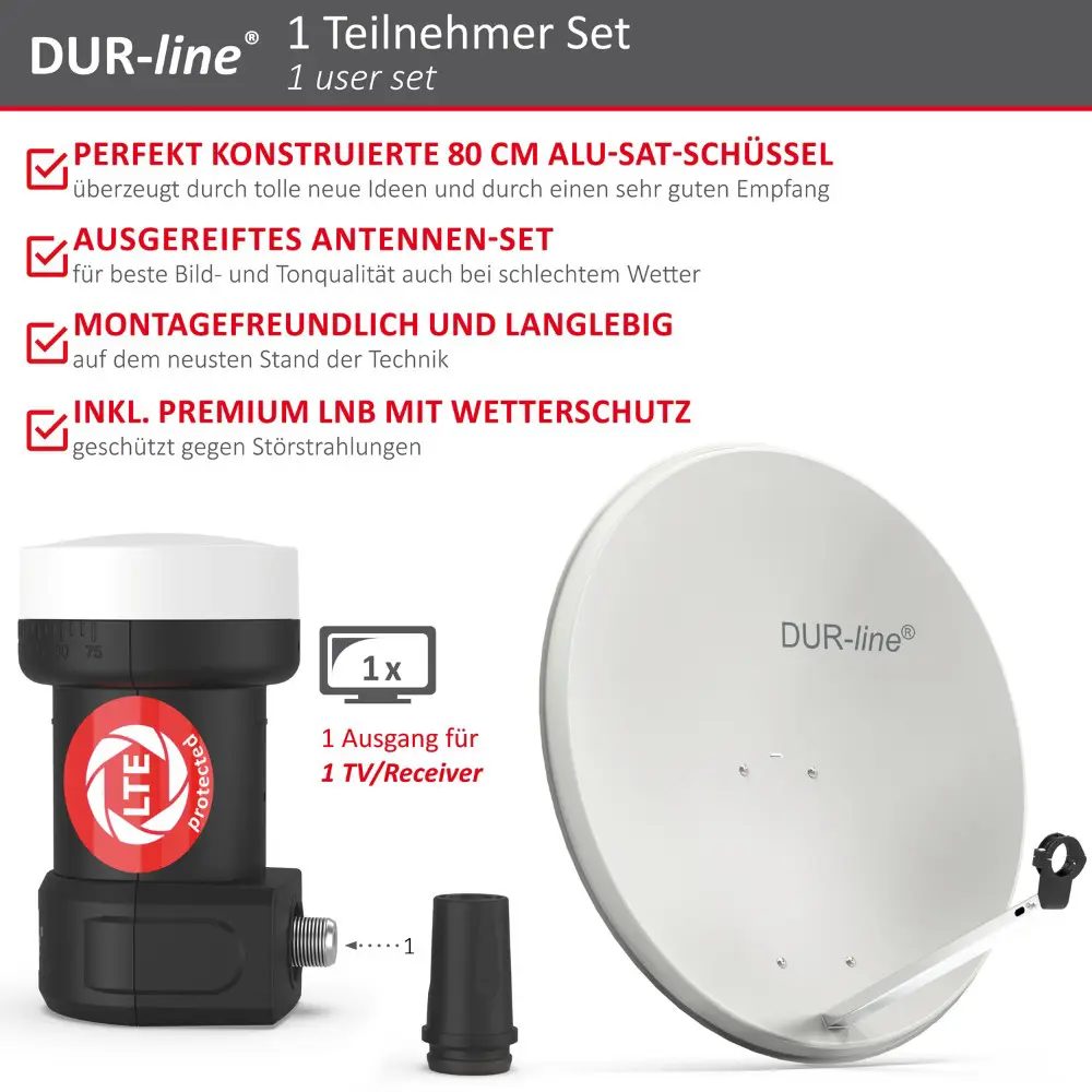 DUR-line MDA 80 Hellgrau - Digiatale 1 Teilnehmer Satellitenschüssel Komplett-Anlage mit +Ultra Single - LNB 