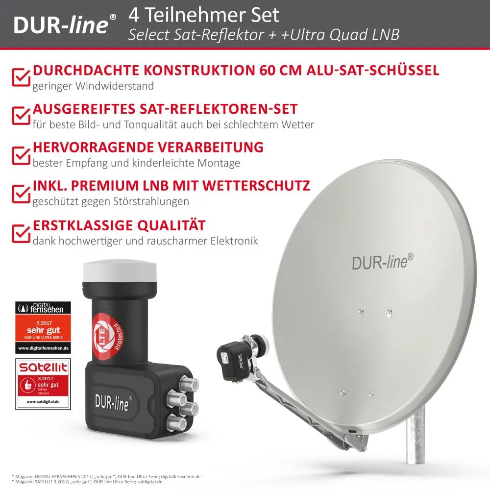 DUR-line Select 4 Teilnehmer Set - Qualitäts-Alu-Satelliten-Komplettanlage - Select 60cm/65cm Spiegel/Schüssel Hellgrau + Quad LNB - für 4 Receiver/TV DUR-line Select 4 Teilnehmer Set - Qualitäts-Alu-Satelliten-Komplettanlage - Select 60cm/65cm Spiegel/Schüssel Hellgrau + Quad LNB - für 4 Receiver/TV
