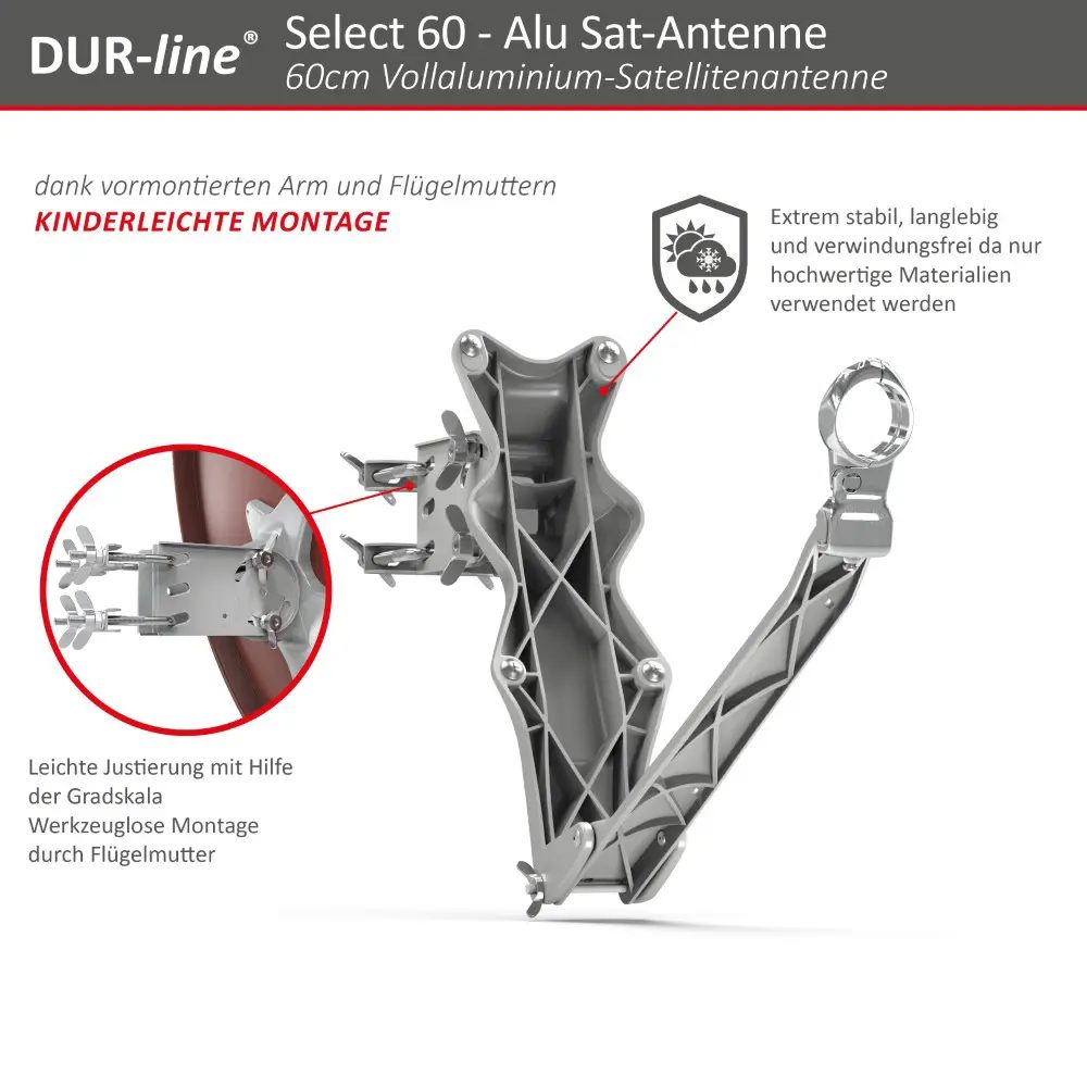 DUR-line Select 2 Teilnehmer Set - Qualitäts-Alu-Satelliten-Komplettanlage - Select 60cm/65cm Spiegel/Schüssel Rot + Twin LNB - für 2 Receiver/TV 