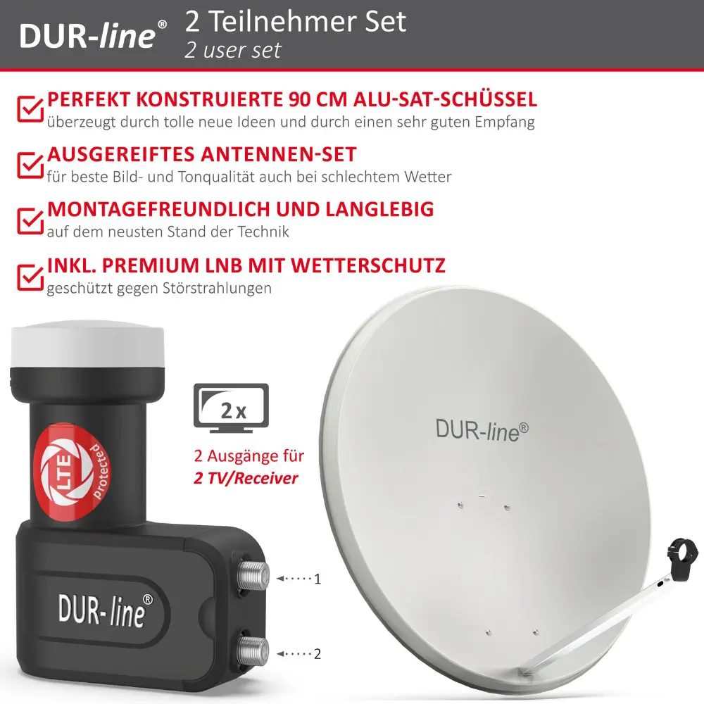 DUR-line MDA 90 Hellgrau - Digiatale 2 Teilnehmer Satellitenschüssel Komplett-Anlage mit +Ultra Twin - LNB