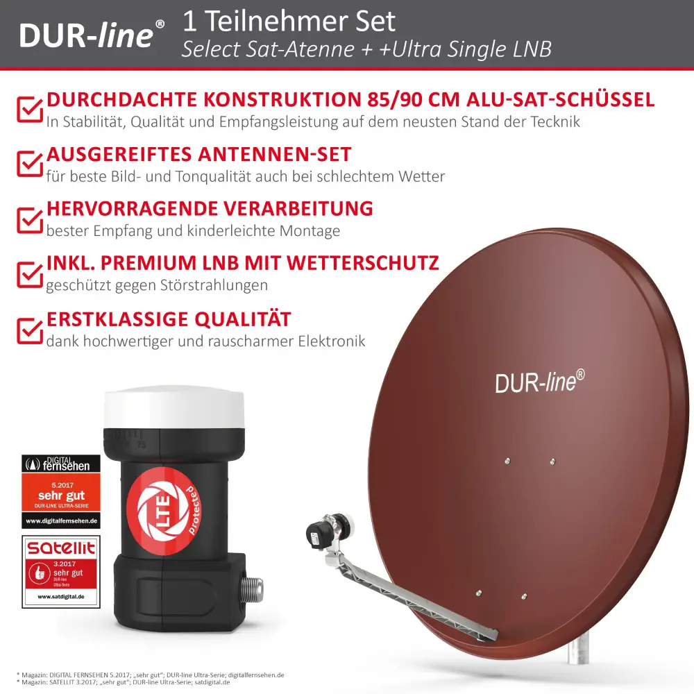 DUR-line Select 1 Teilnehmer Set - Qualitäts-Alu-Satelliten-Komplettanlage - Select 85cm/90cm Spiegel/Schüssel Rot + Single LNB - für 1 Receiver/TV 