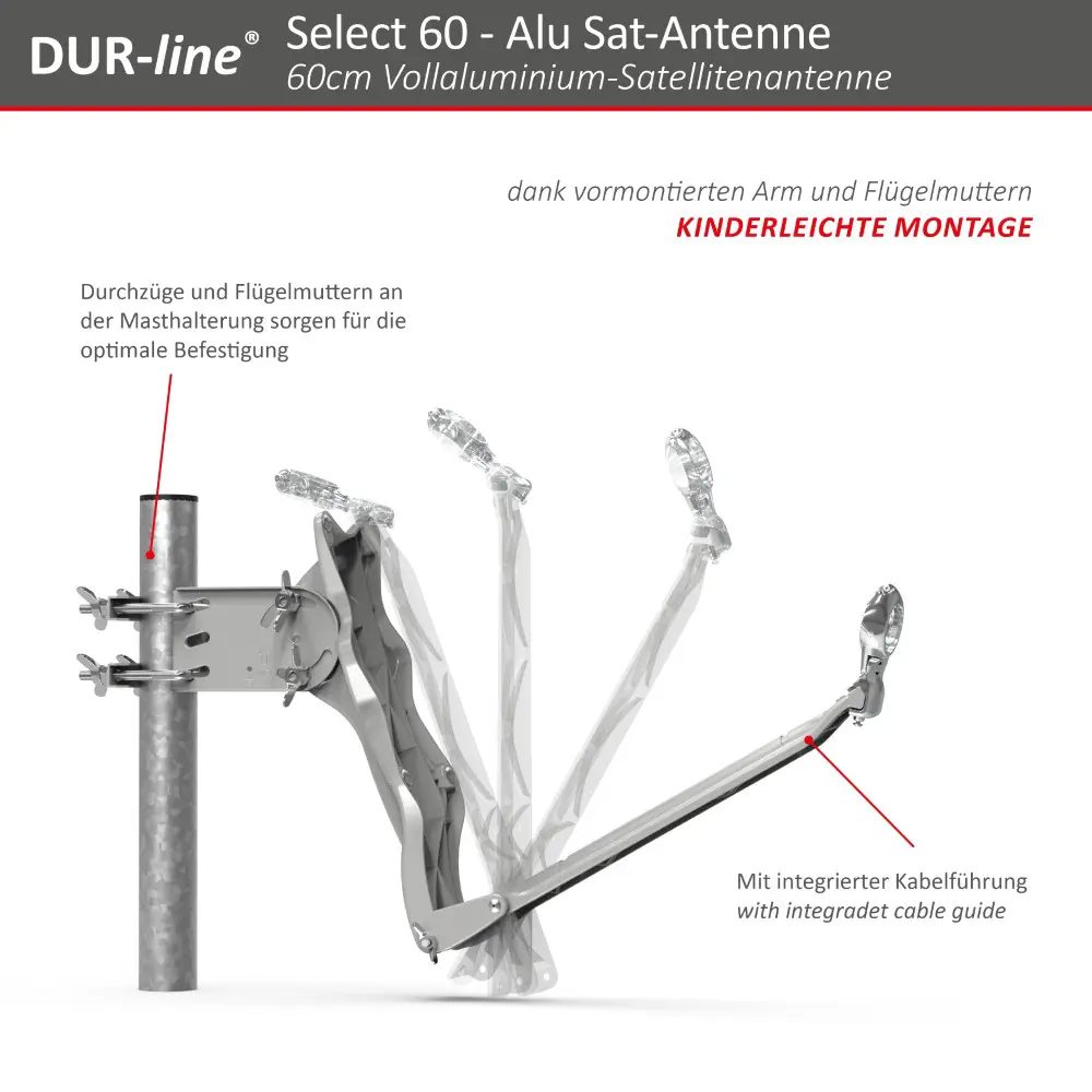 DUR-line Select 2 Teilnehmer Set - Qualitäts-Alu-Satelliten-Komplettanlage - Select 60cm/65cm Spiegel/Schüssel Hellgrau + Twin LNB - für 2 Receiver/TV DUR-line Select 2 Teilnehmer Set - Qualitäts-Alu-Satelliten-Komplettanlage - Select 60cm/65cm Spiegel/Schüssel Hellgrau + Twin LNB - für 2 Receiver/TV
