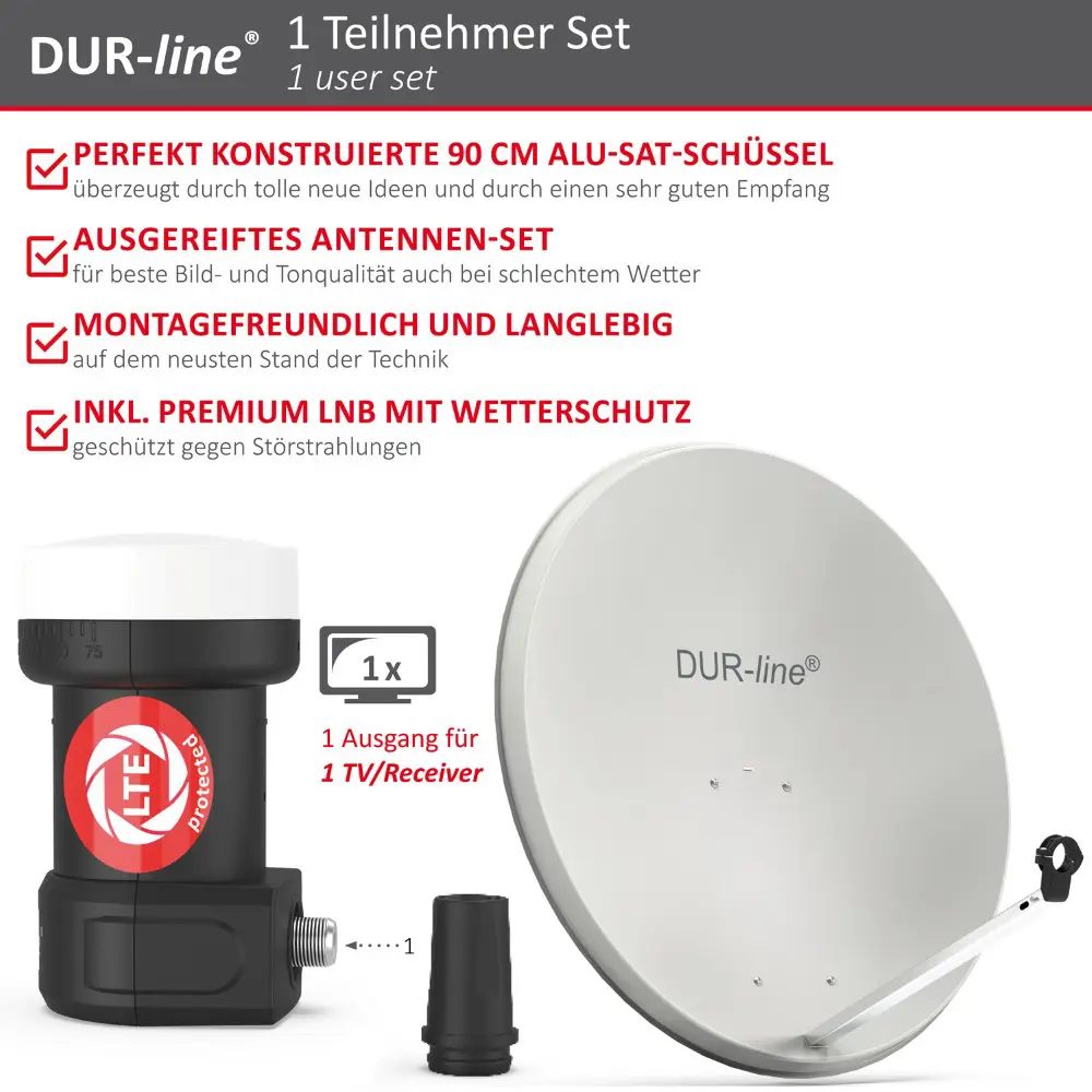 DUR-line MDA 90 Hellgrau - Digiatale 1 Teilnehmer Satellitenschüssel Komplett-Anlage mit +Ultra Single - LNB 
