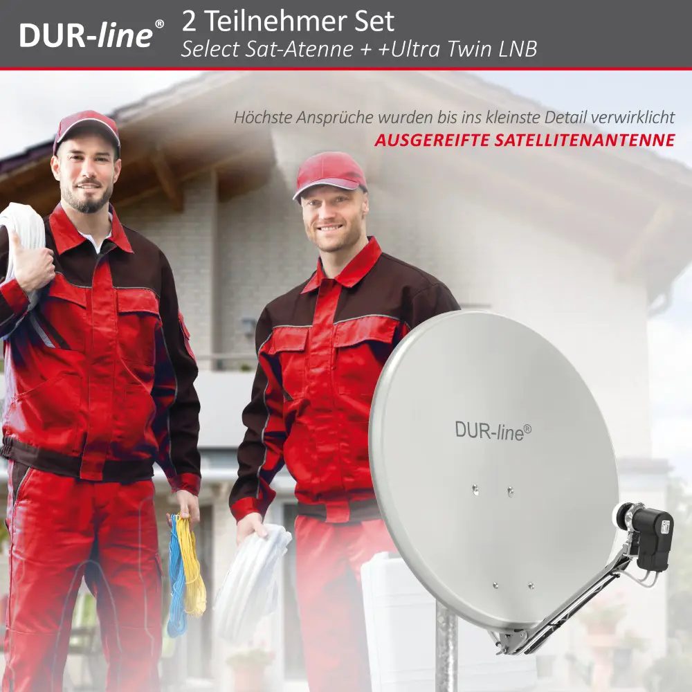 DUR-line Select 2 Teilnehmer Set - Qualitäts-Alu-Satelliten-Komplettanlage - Select 60cm/65cm Spiegel/Schüssel Hellgrau + Twin LNB - für 2 Receiver/TV DUR-line Select 2 Teilnehmer Set - Qualitäts-Alu-Satelliten-Komplettanlage - Select 60cm/65cm Spiegel/Schüssel Hellgrau + Twin LNB - für 2 Receiver/TV