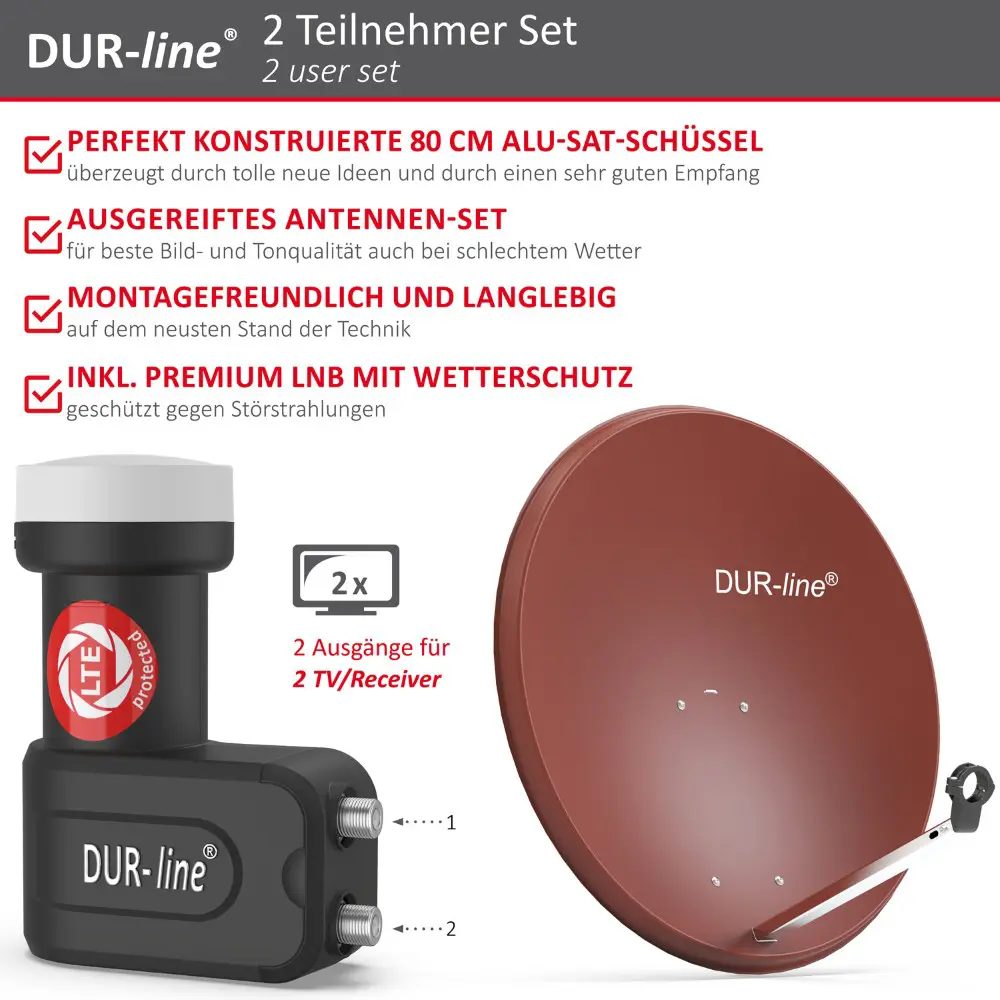 DUR-line MDA 80 Rot - Digiatale 2 Teilnehmer Satellitenschüssel Komplett-Anlage mit +Ultra Twin - LNB 