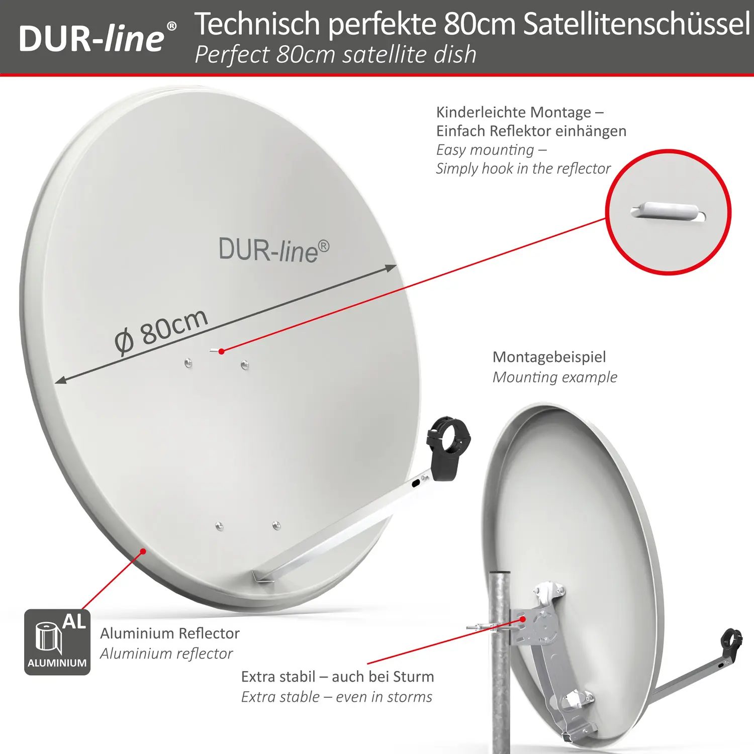 DUR-line MDA 80 Hellgrau - Digiatale 2 Teilnehmer Satellitenschüssel Komplett-Anlage mit +Ultra Twin - LNB DUR-line MDA 80 Hellgrau - Digiatale 2 Teilnehmer Satellitenschüssel Komplett-Anlage mit +Ultra Twin - LNB