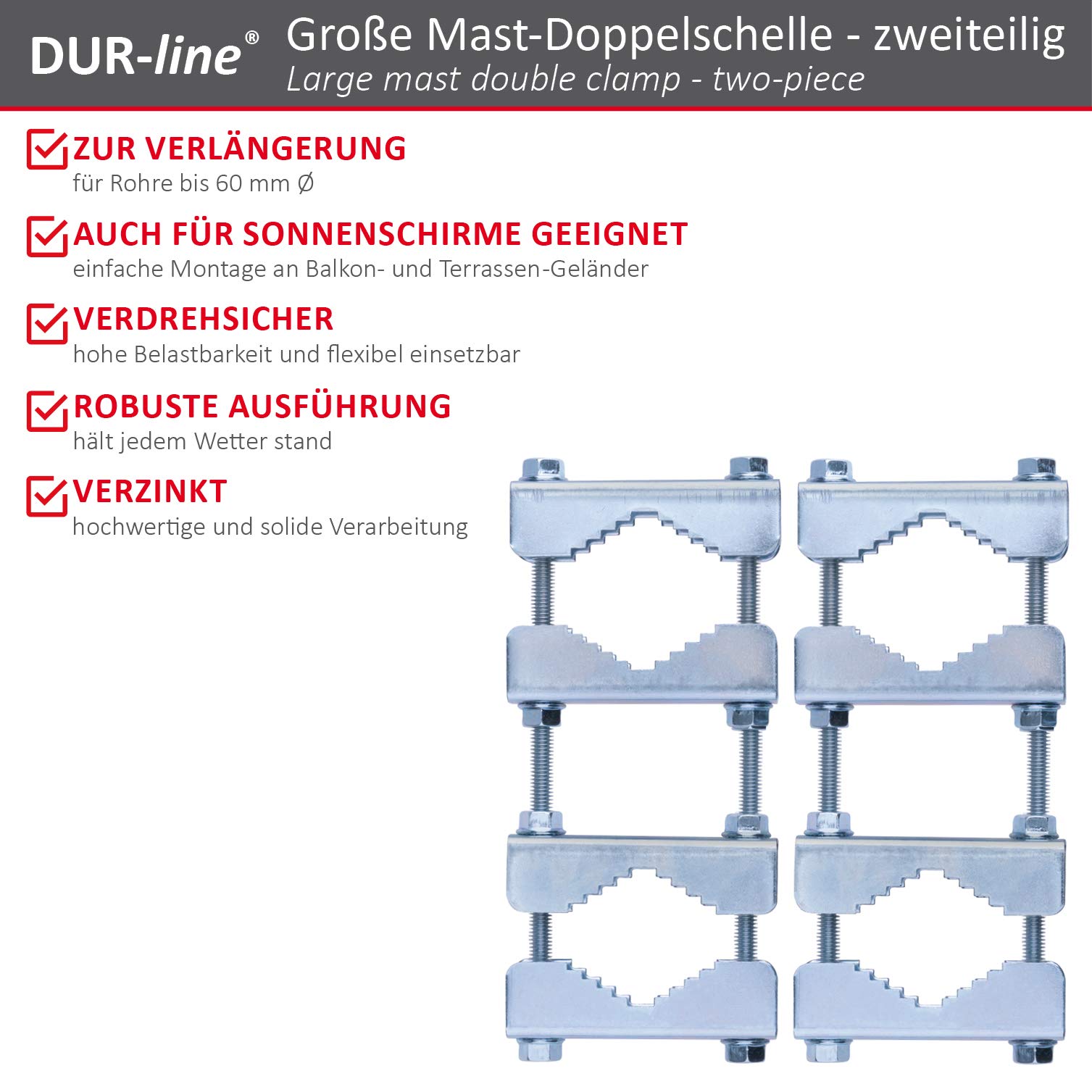 DUR-line Doppelschelle Groß – Highlights: Mastverlängerung bis Ø 60 mm, verzinkt DUR-line Doppelschelle Groß – Highlights: Mastverlängerung bis Ø 60 mm, verzinkt