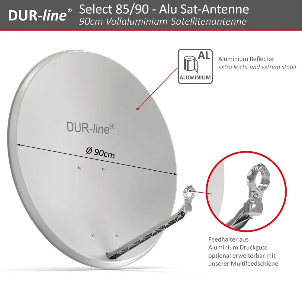 DUR-line Select 1 Teilnehmer Set - Qualitäts-Alu-Satelliten-Komplettanlage - Select 85cm/90cm Spiegel/Schüssel Hellgrau + Single LNB - für 1 Receiver/TV 