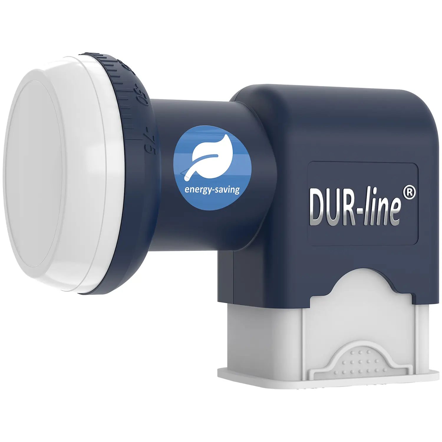 DUR-line Blue ECO Quattro LNB – Seitenansicht perspektivisch mit Wetterschutz DUR-line Blue ECO Quattro