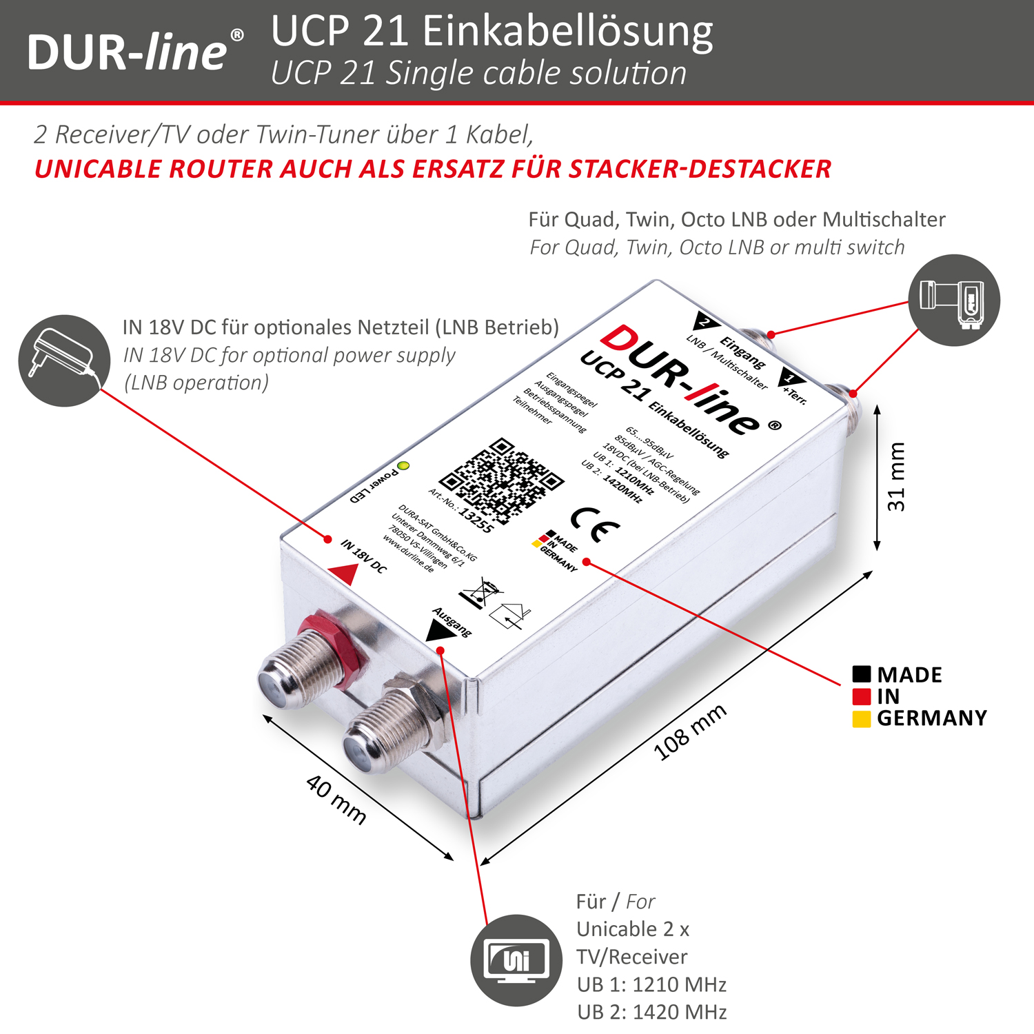 DUR-line UCP 21 - Einkabellösung – Abmessungen