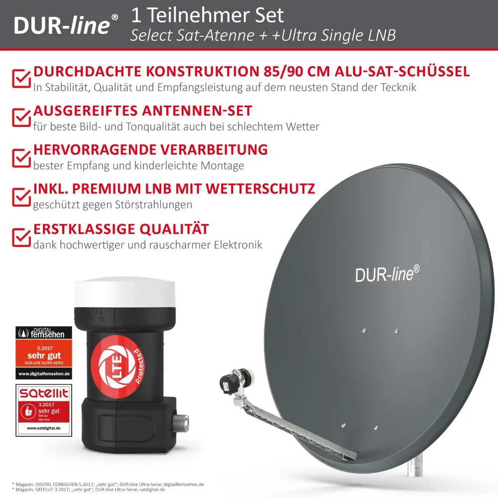 DUR-line Select 1 Teilnehmer Set - Qualitäts-Alu-Satelliten-Komplettanlage - Select 85cm/90cm Spiegel/Schüssel Anthrazit + Single LNB - für 1 Receiver/TV