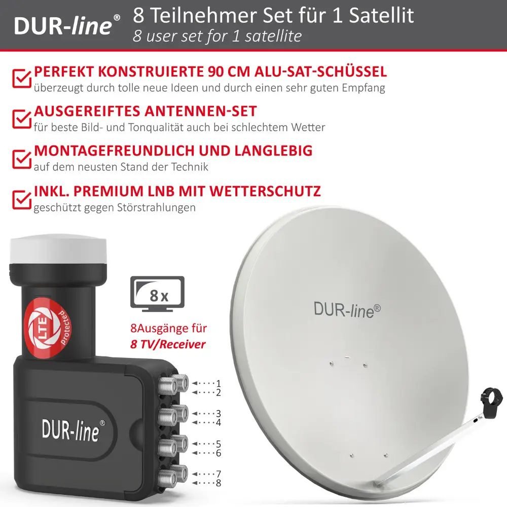 DUR-line MDA 90 Hellgrau - Digiatale 8 Teilnehmer Satellitenschüssel Komplett-Anlage mit +Ultra Octo - LNB [Camping, Astra 19,2°, DVB-S/S2, Full HD, 4K, 3D]