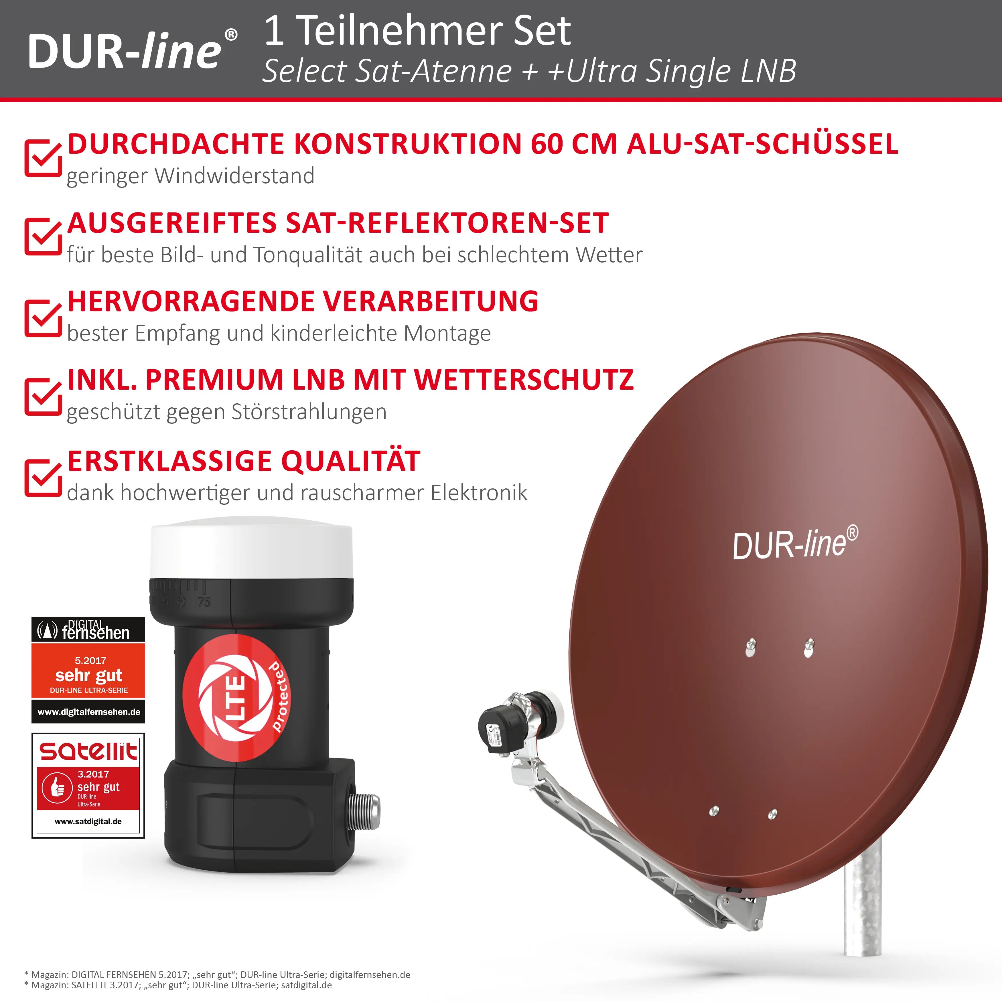 DUR-line Select 1 Teilnehmer Set - Qualitäts-Alu-Satelliten-Komplettanlage - Select 60cm/65cm Spiegel/Schüssel Rot + Single LNB - für 1 Receiver/TV DUR-line Select 1 Teilnehmer Set - Qualitäts-Alu-Satelliten-Komplettanlage - Select 60cm/65cm Spiegel/Schüssel Rot + Single LNB - für 1 Receiver/TV