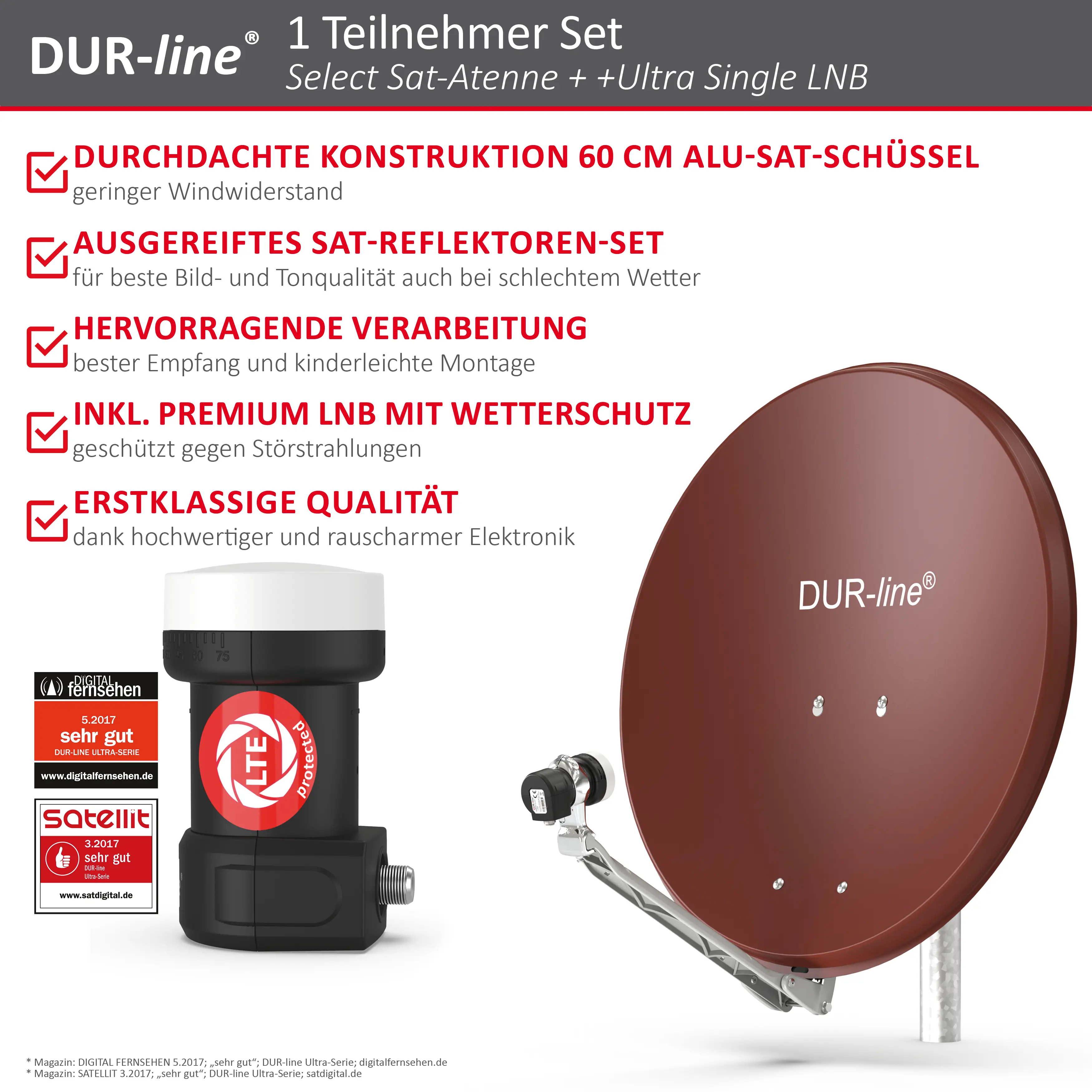 DUR-line Select 1 Teilnehmer Set - Qualitäts-Alu-Satelliten-Komplettanlage - Select 60cm/65cm Spiegel/Schüssel Rot + Single LNB - für 1 Receiver/TV