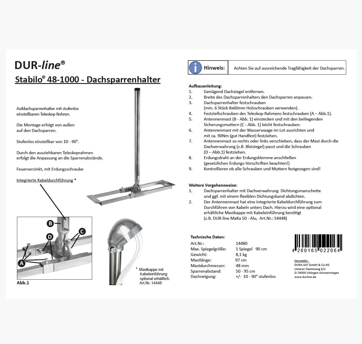 DUR-line Stabilo 48-1000 - Dachsparrenhalter