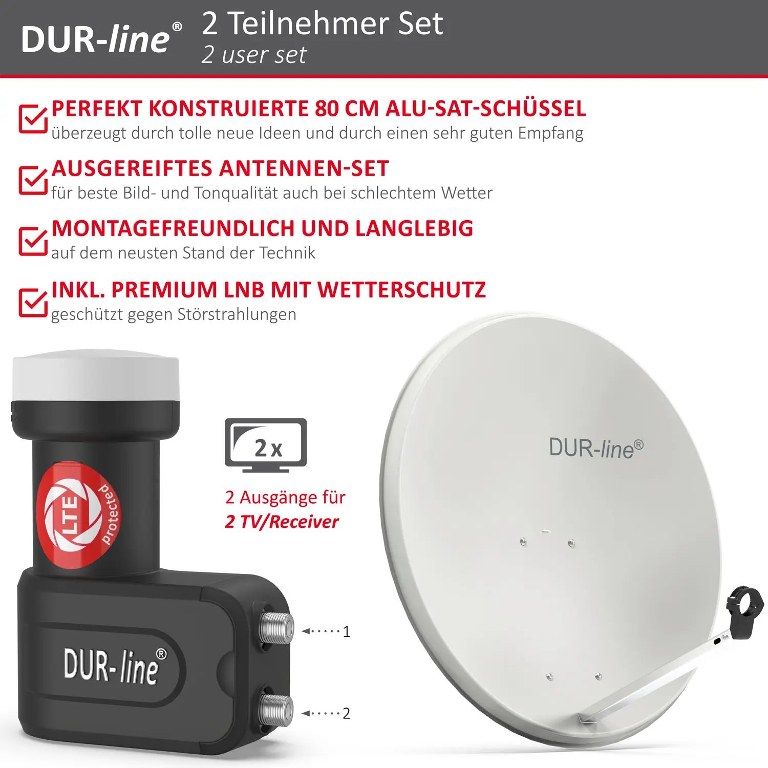 DUR-line MDA 80 Hellgrau - Digiatale 2 Teilnehmer Satellitenschüssel Komplett-Anlage mit +Ultra Twin - LNB 