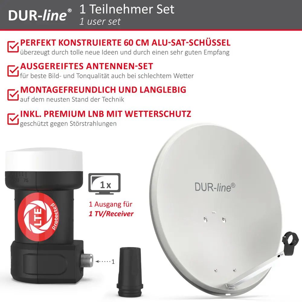 DUR-line MDA 60 Hellgrau - Digitale 1 Teilnehmer Satellitenschüssel Komplett-Anlage mit +Ultra Single - LNB DUR-line MDA 60 Hellgrau - Digitale 1 Teilnehmer Satellitenschüssel Komplett-Anlage mit +Ultra Single - LNB