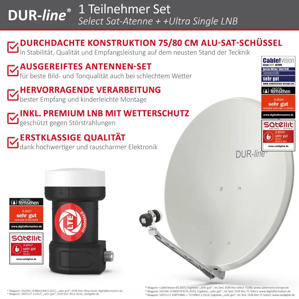 DUR-line Select 75/80 Hellgrau - Sat-Komplettanlage mit Single LNB