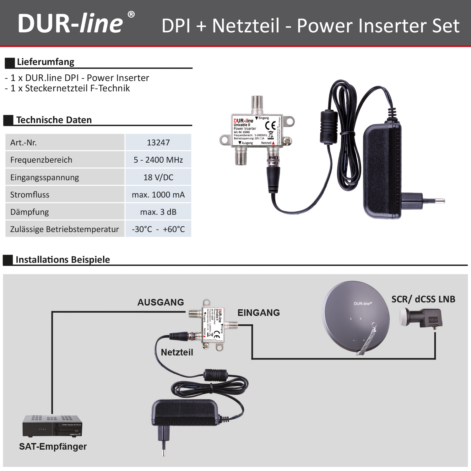 DUR-line DPI + Netzteil – Lieferumfang, technische Daten und Anschlussbeispiel