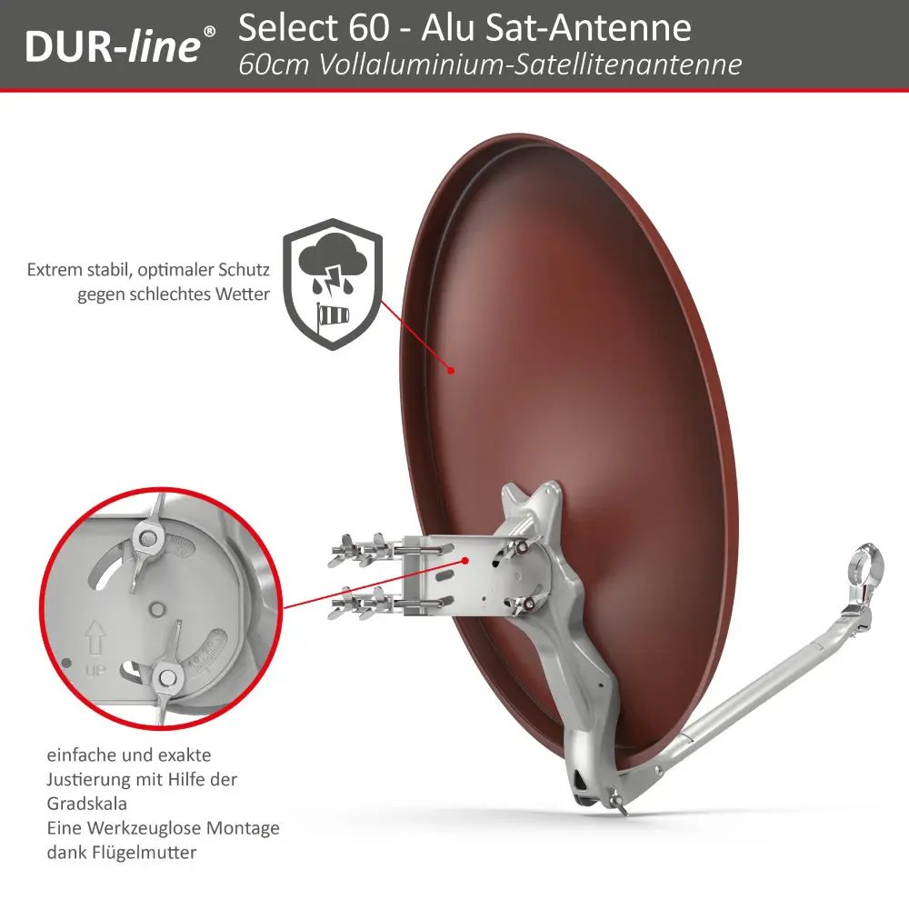DUR-line Select 2 Teilnehmer Set - Qualitäts-Alu-Satelliten-Komplettanlage - Select 60cm/65cm Spiegel/Schüssel Rot + Twin LNB - für 2 Receiver/TV DUR-line Select 2 Teilnehmer Set - Qualitäts-Alu-Satelliten-Komplettanlage - Select 60cm/65cm Spiegel/Schüssel Rot + Twin LNB - für 2 Receiver/TV
