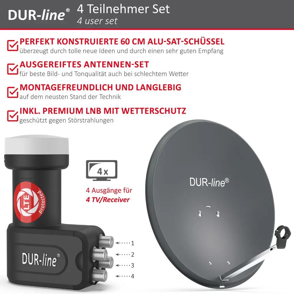 DUR-line MDA 60 Anthrazit - Digiatale 4 Teilnehmer Satellitenschüssel Komplett-Anlage mit +Ultra Quad - LNB